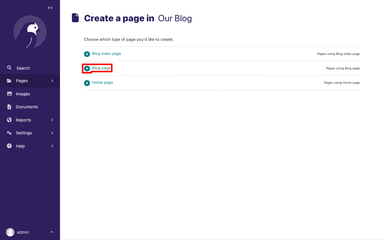 "Create a page in our blog" page type selector, with Blog page button highlighted in red