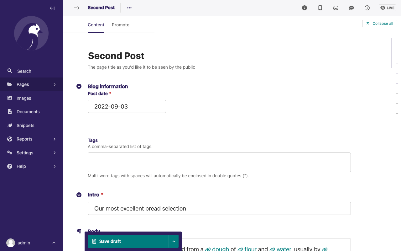 Screenshot of the "Second Post" page in the editor form, showing the Content tab