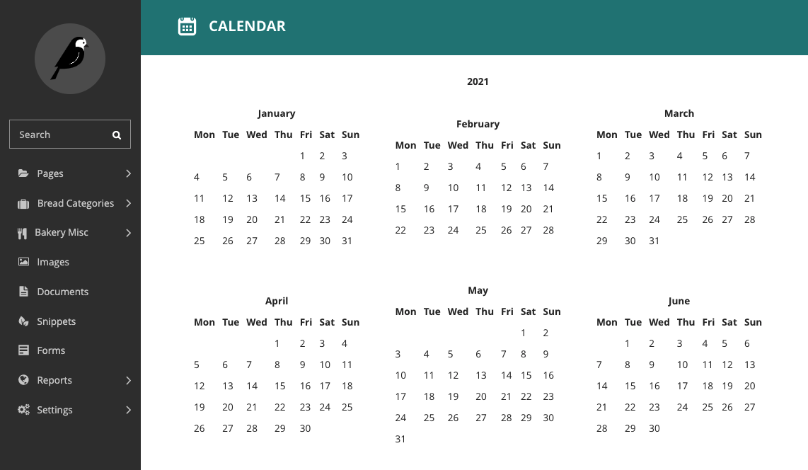 A calendar, shown within the Wagtail admin interface