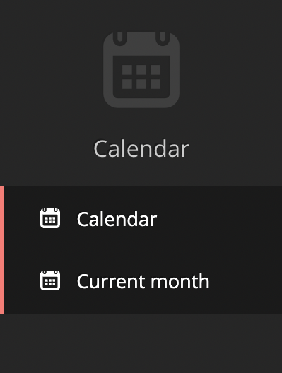 Wagtail admin sidebar 'Calendar' menu expaned, showing two child menu items, 'Calendar' and 'Month'.