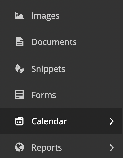 Wagtail admin sidebar menu, showing a "Calendar" group menu item with a date icon