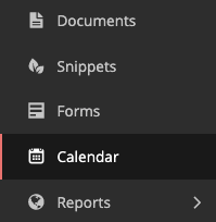 Wagtail admin sidebar menu, showing a "Calendar" menu item with a date icon