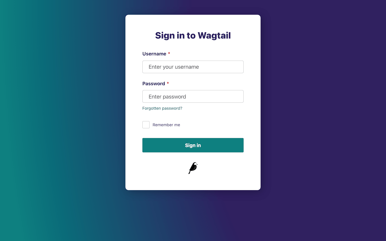 Screenshot of "Sign in to Wagtail" screen, with username, password, "Remember me" fields, a "Forgotten password?" link, and a submit button. Shows the Wagtail logo at the bottom, and has a gradient background from teal to indigo