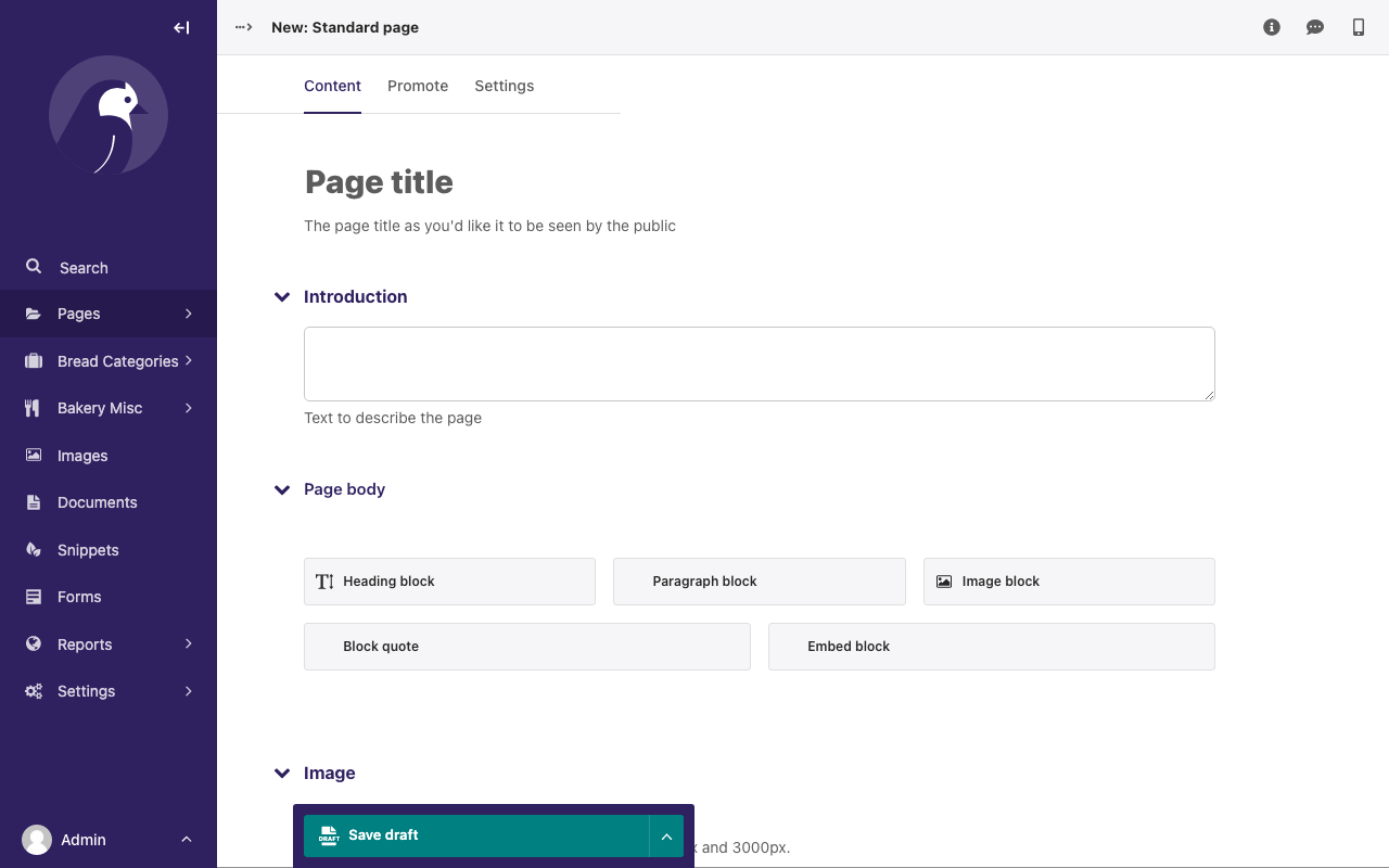 Page editor titled "New: Standard page", showing the Content tab, with all fields empty