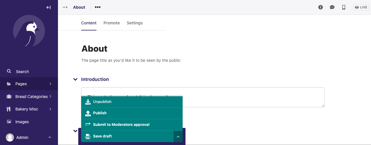 Page editor, with Save/Submit menu expanded to reveal all four options