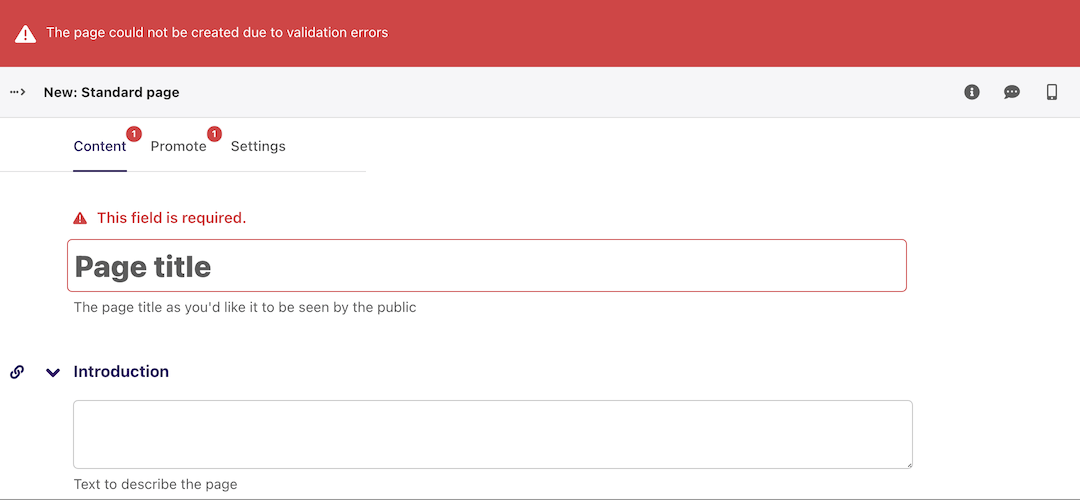 The page editor with an error banner at the top, "The page could not be created due to validation errors". The Content and Promote tabs have a red "1" next to them, and the Title field is bordered in red with a "This field is required" message above