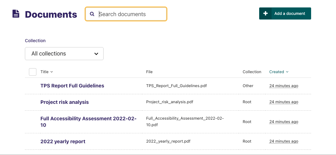 Documents listing, with Search field in header, Add document button, and a Collections dropdown. Underneath, are 4 rows of documents with a header row above