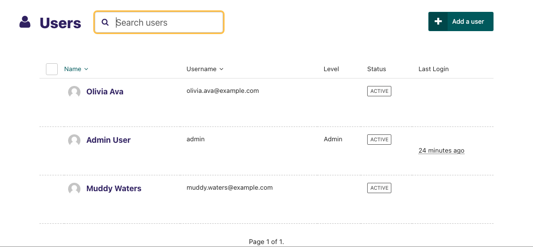 The users’ listing, with search and a CTA to add users. This shows three rows with users Olivia Ava, Admin User, and Muddy Waters