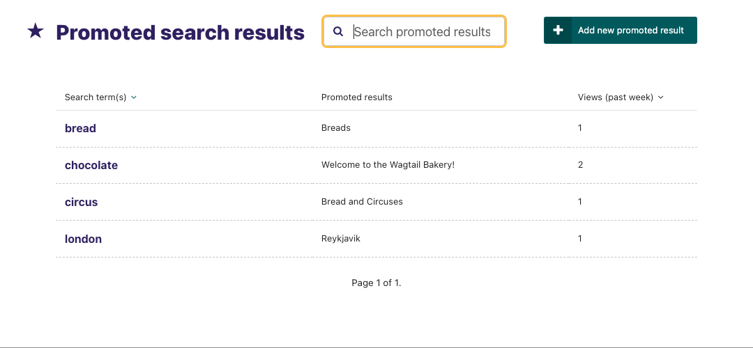 Promoted results listing, with search field, "Add" button, and four results listed under as rows