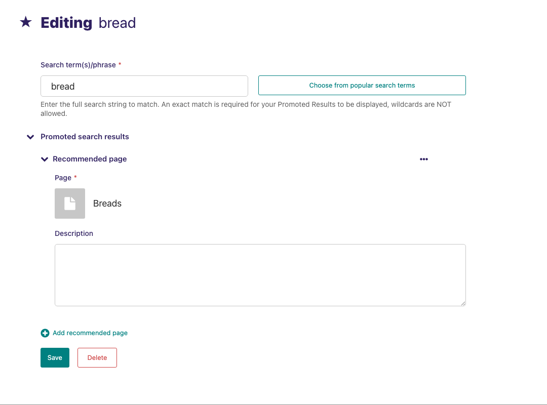 Promoted result editing form, with search term field and associated pages