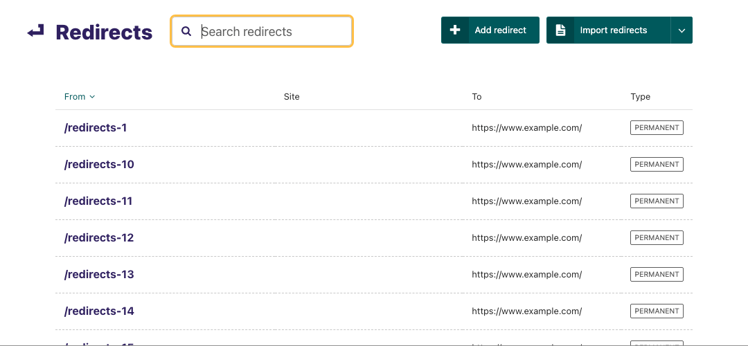 Redirects listing, with a search field in the header, buttons to add and import redirects, and rows of existing underneath