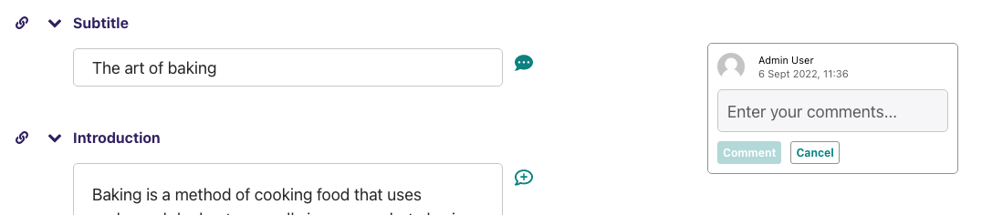 Two form fields with a comment pop-up off to the right side