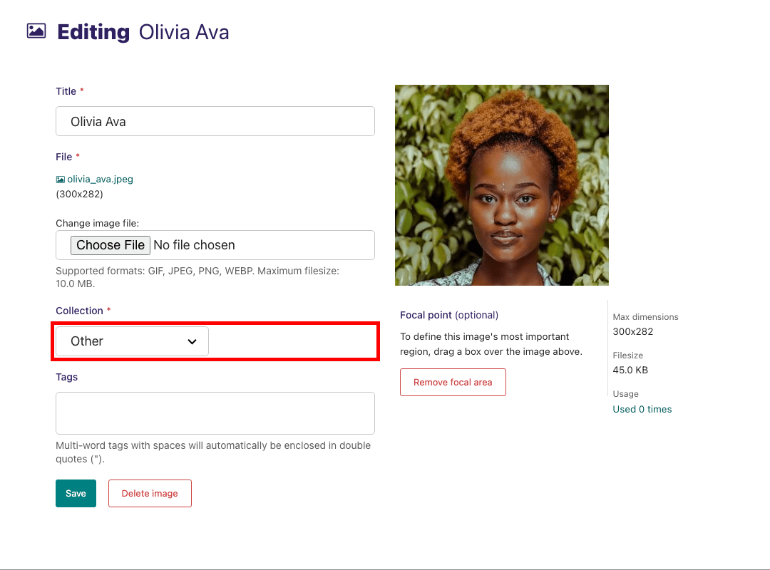 Screenshot of the image editing form for an image titled Olivia Ava, with the Collection field highlighted in red