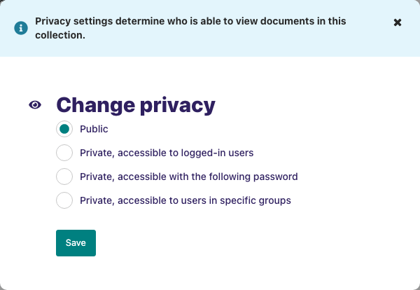 Change privacy modal dialog, with four options as radio buttons