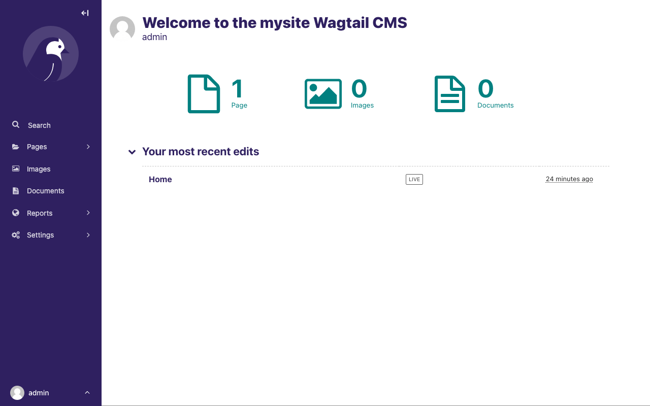 Screenshot of Wagtail’s dashboard, with "Welcome to the mysite Wagtail CMS" heading, 1 page, 0 images, 0 documents. Underneath is a "Your most recent edits" section, with the Home page listed