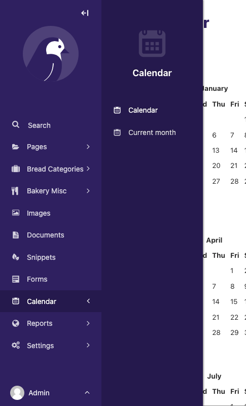 Wagtail admin sidebar menu, showing an expanded "Calendar" group menu item with a date icon, showing two child menu items, 'Calendar' and 'Month'.