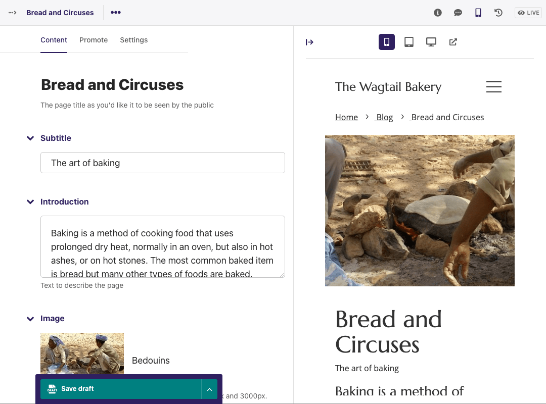 Page editor for "Bread and Circuses" page. The form to the left, and to the right the Preview side panel is expanded, showing the page as it would appear to users on Mobile devices