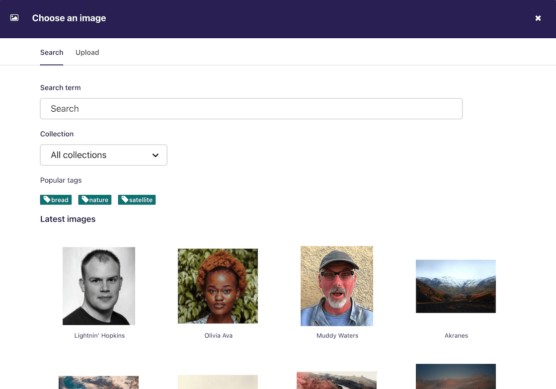 "Choose an image" modal dialog, with Search and Upload tabs, showing a grid of images underneath Search, Collection, Popular tags filters