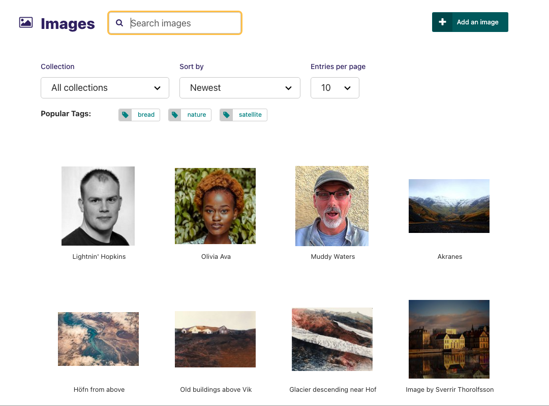 Images listing, with header and images grid