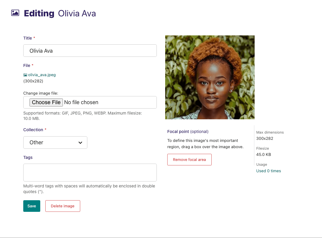 Image editing form for Olivia Ava image. To the right of the form is an image preview, focal point controls, and metadata about the image