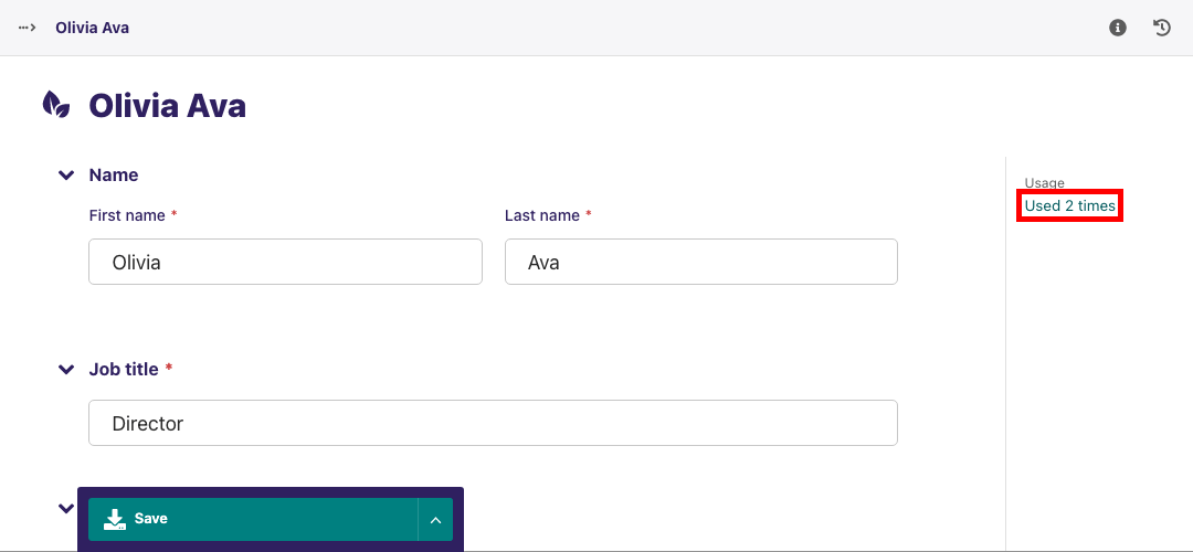 Snippet editing form for a People snippet instance. To the right of the form is a "Usage Used 2 times" label