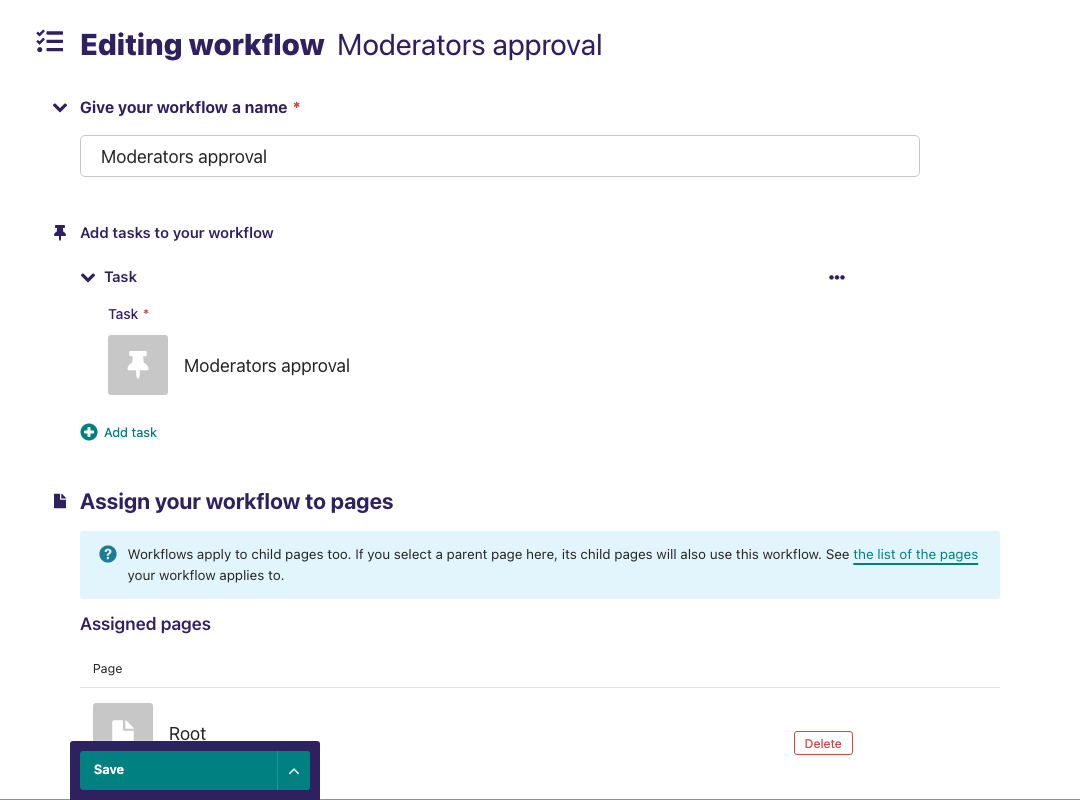 Workflow editing UI, with a name field, a list of tasks, and pages