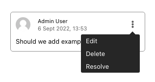 A comment pop-up, with its three dots "actions" menu expanded, with Edit, Delete, Resolve options