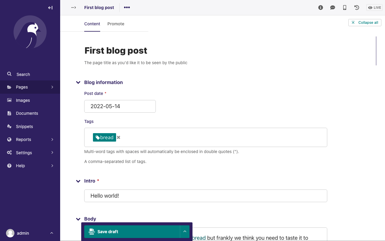 Page editor for "First blog post" page, with Post date, Intro, Body fields