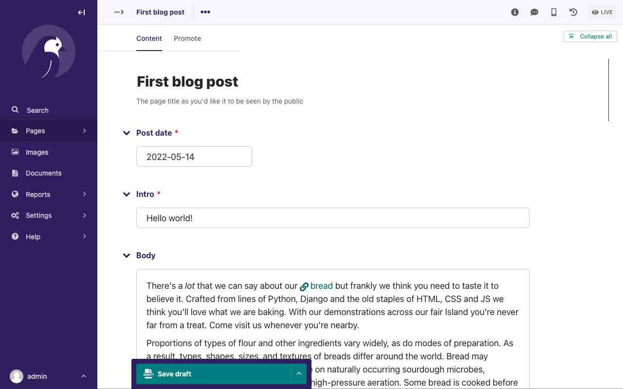Page editor for "First blog post" page, with Post date, Intro, Body fields