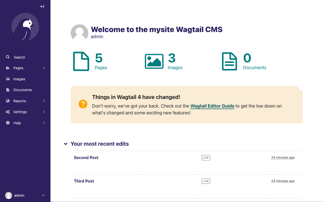 Screenshot of Wagtail’s dashboard, with "Welcome to the mysite Wagtail CMS" heading, 1 page, 0 images, 0 documents. Underneath is a "Your most recent edits" section, with the Home page listed