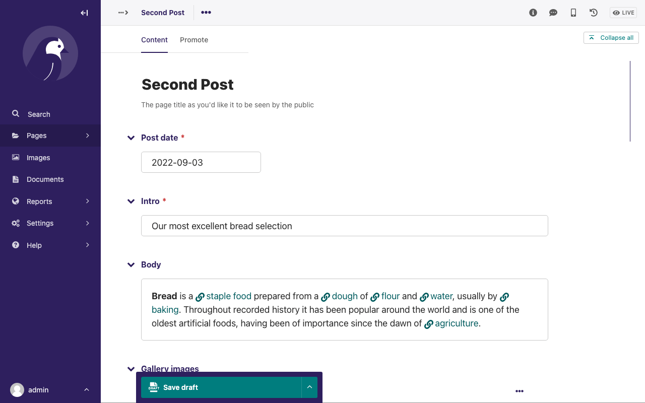 Screenshot of the "Second Post" page in the editor form, showing the Content tab