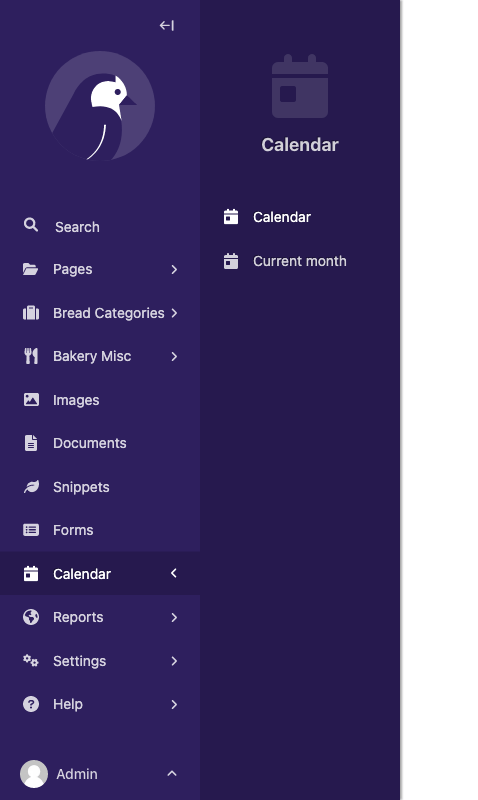 Wagtail admin sidebar menu, showing an expanded "Calendar" group menu item with a date icon, showing two child menu items, 'Calendar' and 'Month'.