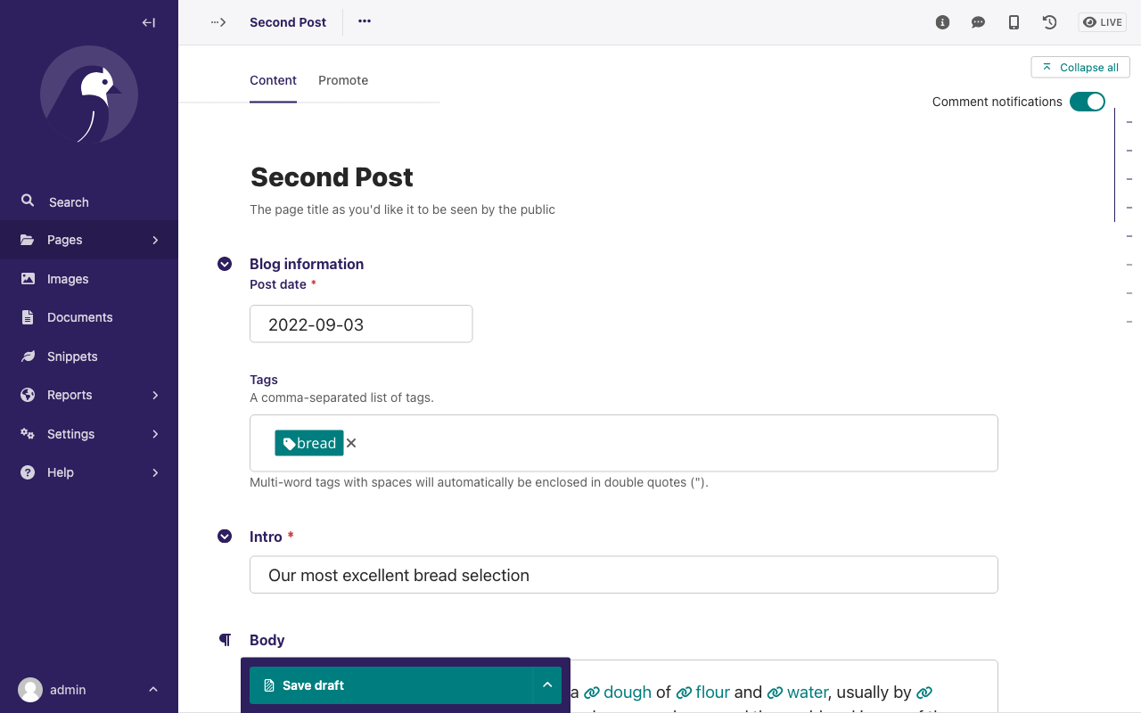 Screenshot of the "Second Post" page in the editor form, showing the Content tab