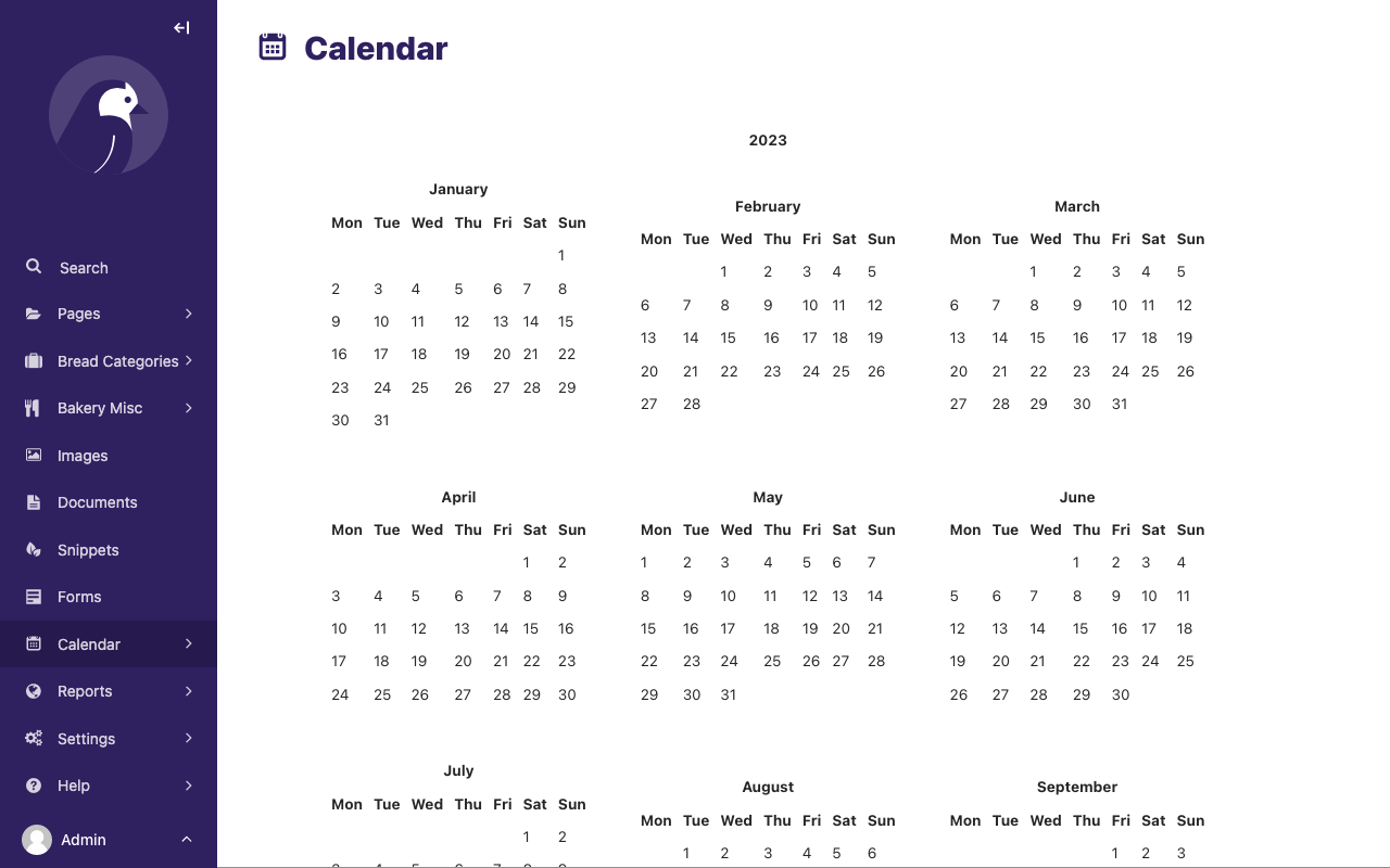 A calendar, shown within the Wagtail admin interface