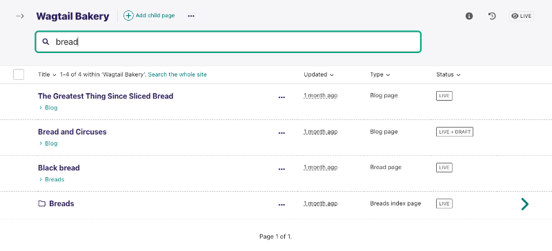 Updated page explorer design, showing a search for "bread" with a slimmed-down results listing